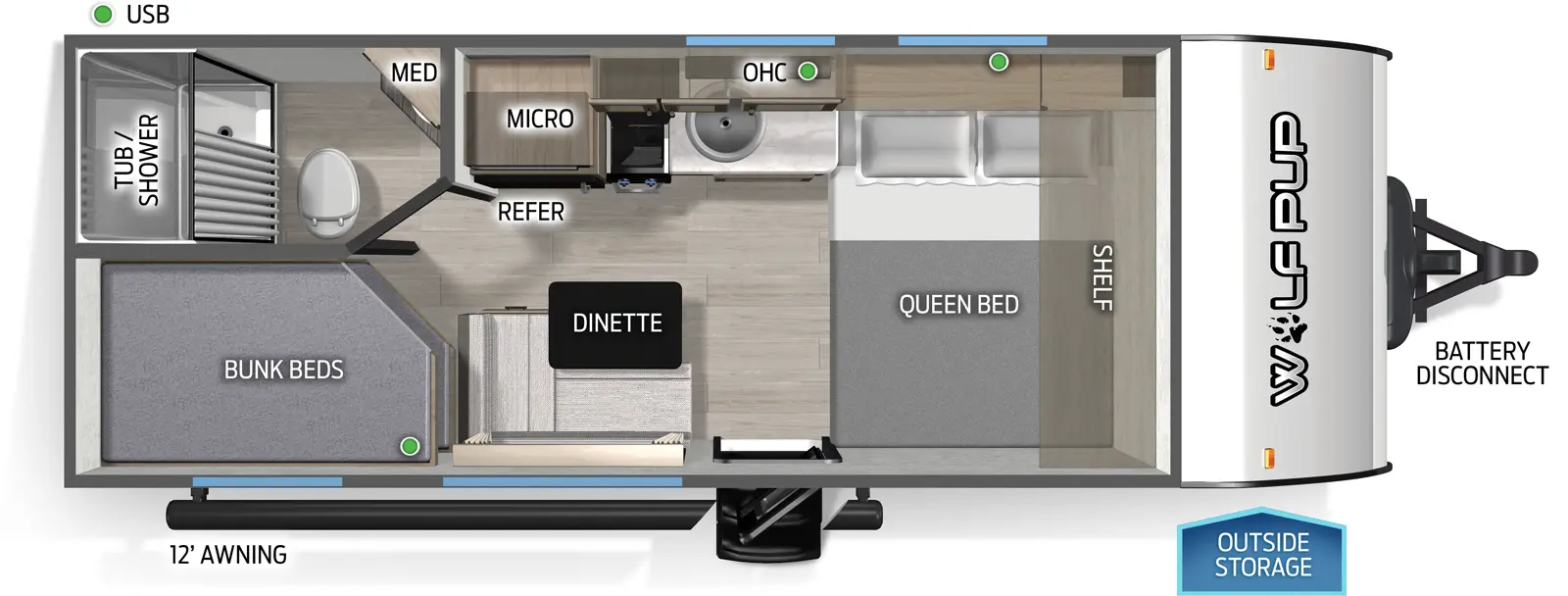 The Wolf Pup 17LP floorplan has one entry and zero slide outs. Exterior features include: metal exterior and 12' awning. Interiors features include: bunk beds and front bedroom.